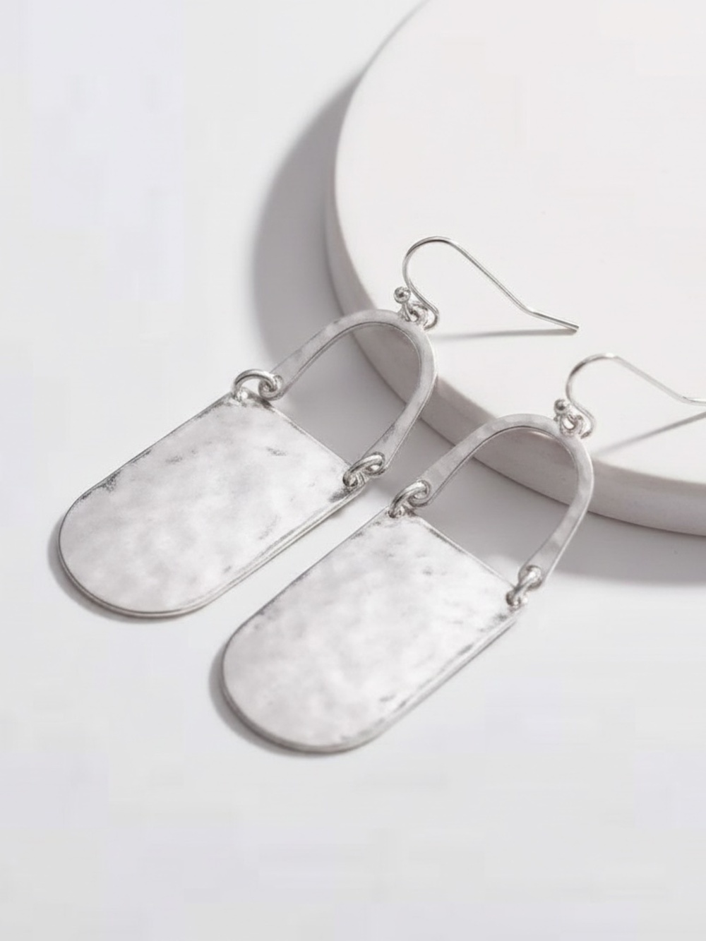 Womens Silver Hammered Metal Drop Earrings